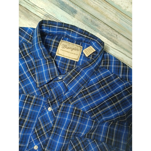 Wrangler Western Shirt Mens 2XL Blue Plaid Short Sleeve Pearl Snap - Picture 1 of 8